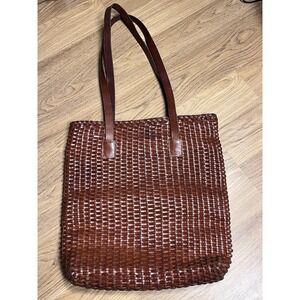 Cole Haan Shoulder Bag Brown Leather Hand Woven Made In Turkey Large